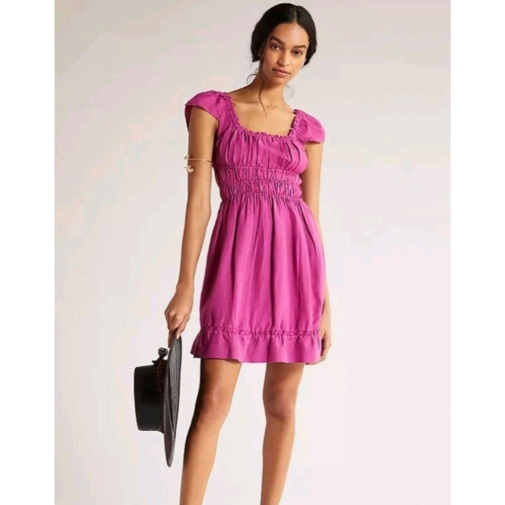Anthropologie Linen Smocked-Waist Mini Dress Cap Sleeve Raspberry Size Small